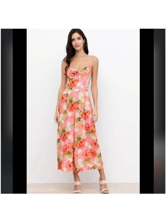 Yumi Kim Pants - Yumi Kim Mai Tai Pink Floral Wide Leg Jumpsuit Rayon Size 12